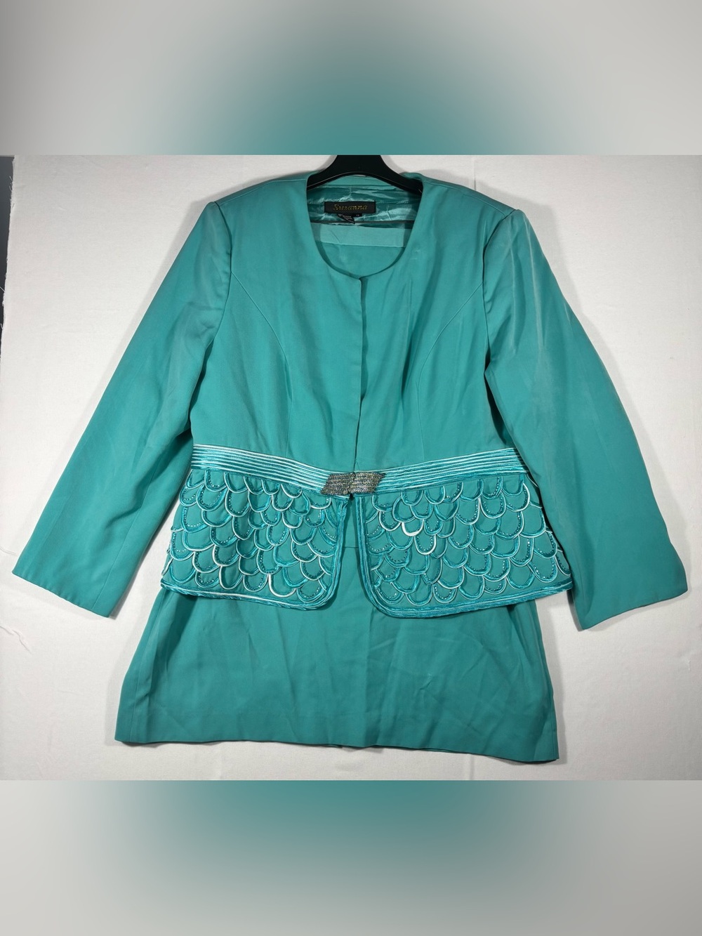 Susanna Women’s 18 Turquoise 3 Piece Skirt Suit Scalloped and Rhinestones
